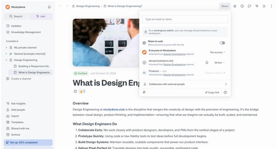 Slite
			 collaboration share modal document sharing permission management documentation sharing ui page example