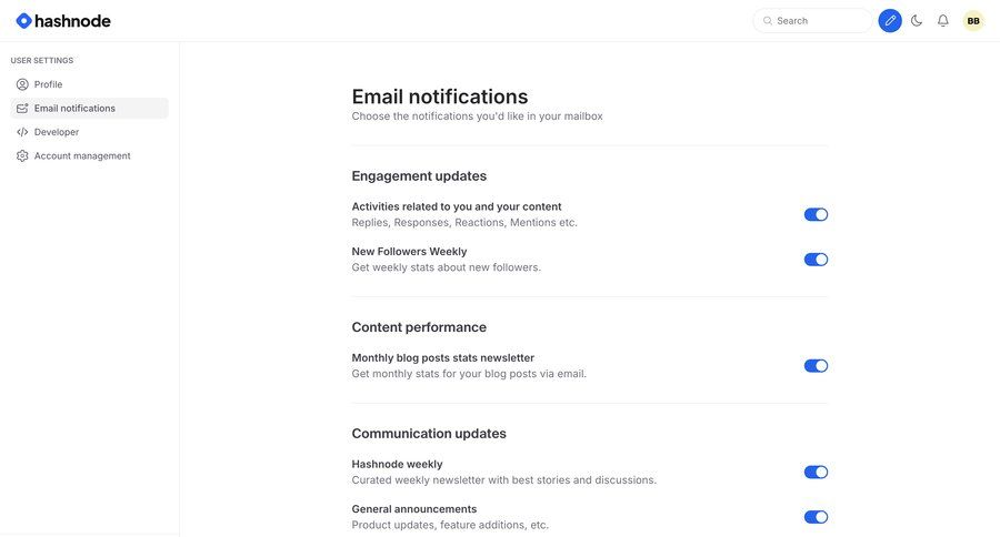 Hashnode
			 configuration settings sidebar navigation user settings account settings email sidebar preferences product update version control ui page example