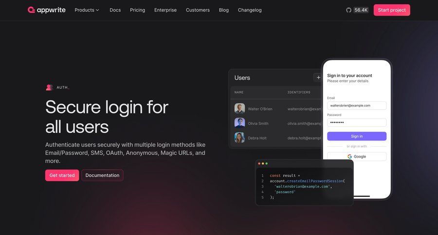 Appwrite
			landing page team plans & pricing product page feature security sso integration ui page example