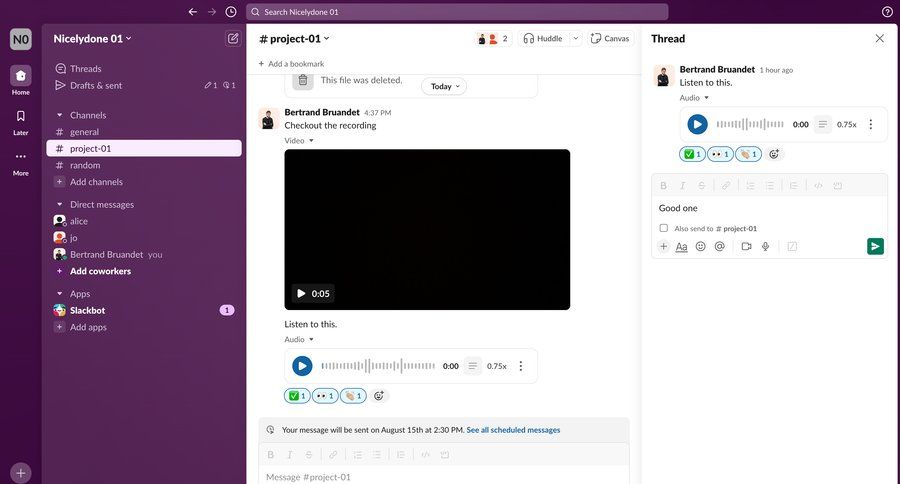 Slack
			 collaboration sidebar navigation project collaboration split view call recording sidebar message communication menu ui page example