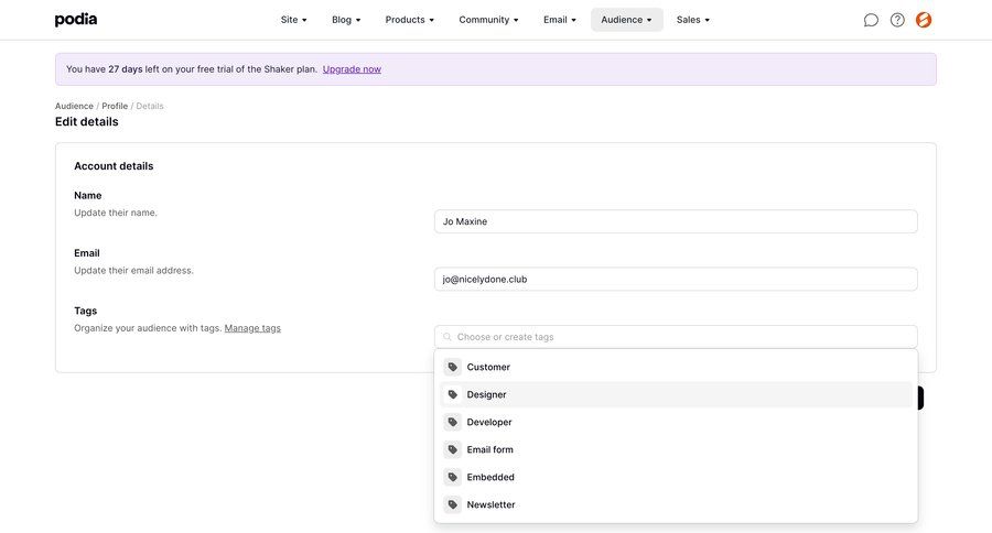 Podia
			 data management settings e-commerce user management form profile settings tagging profile management audience management tag management profile page ui page example
