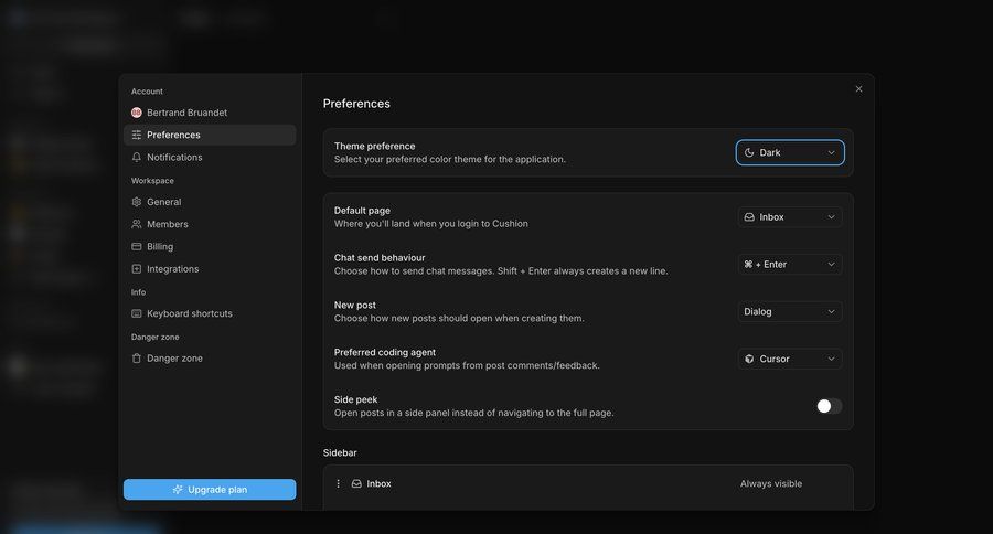 Cushion
			 configuration settings sidebar navigation account management form user settings workspace settings modal dialog account settings dark theme sidebar modern settings modal ui page example