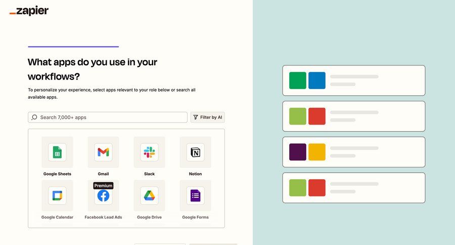 Zapier
			 grid onboarding automation full-screen layout ui page example