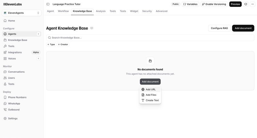 Elevenlabs
			 configuration dashboard sidebar navigation artificial intelligence document management knowledge base hierarchical navigation knowledge management sidebar navigation bar modern configuration screen ui page example