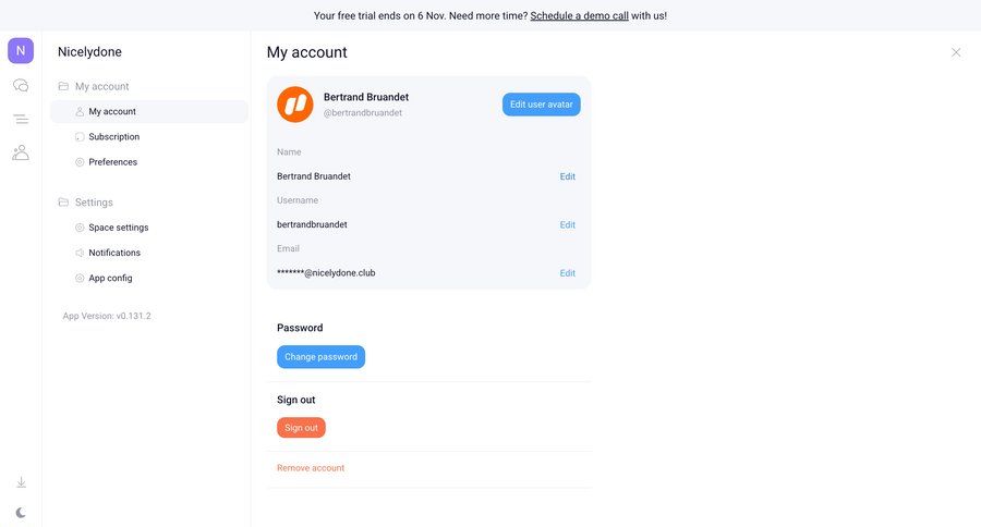 Orchestra
			 user profile sidebar navigation account settings password management account deletion trial banner ui page example