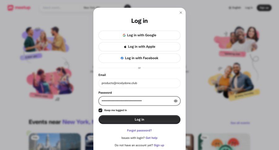 Meetup
			 account management form user authentication modal dialog authentication minimalist design log in modern ui page example