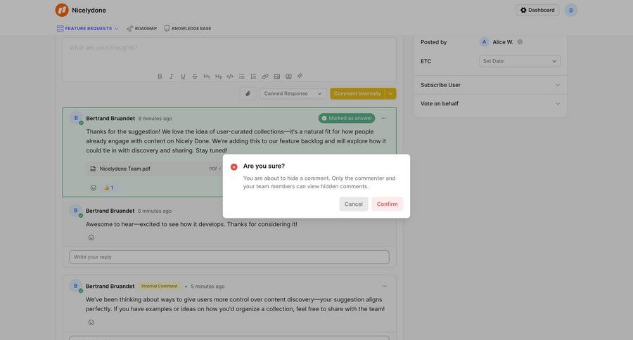 FeatureOS
			 modal screen collaboration confirmation cancel action confirmation message ui page example