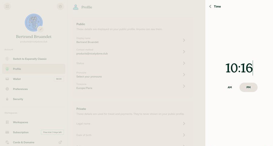Expensify
			 settings sidebar navigation account management account setup user settings finance profile settings user account modal interaction profile management save changes sidebar time picker profile page timezone selector time management ui page example