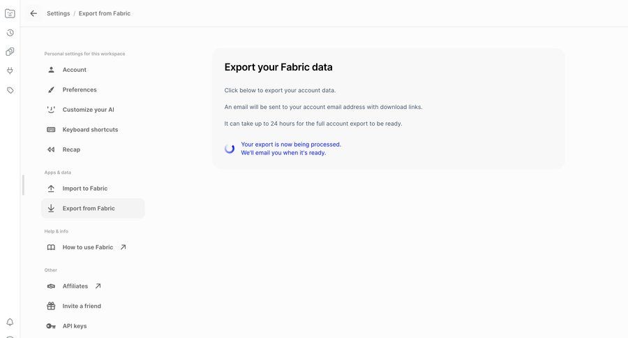 Fabric
			 data export account settings workspace settings ui page example
