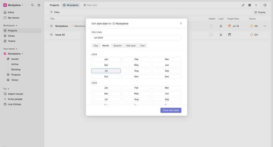 Linear
			 sidebar navigation project management project setup modal interaction sidebar date picker datepicker chonology time picker task management dashboard table date filter time selector ui page example