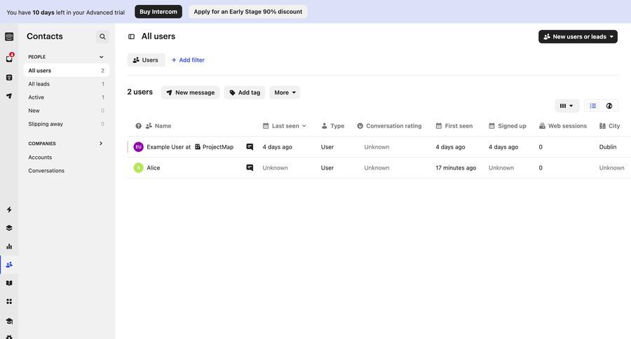 Intercom
			 sidebar navigation user management tagging table headers audience management trial banner user data dropdown filters sidebar menu table advanced search ui page example