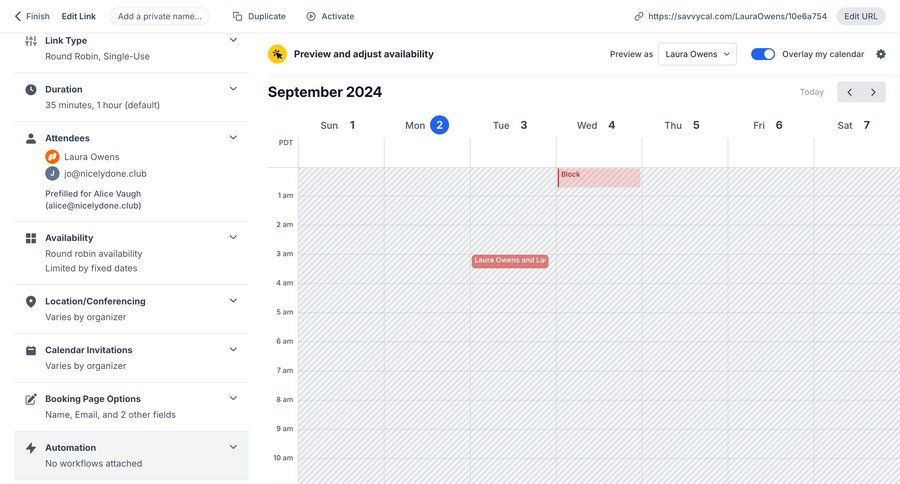 SavvyCal
			 configuration settings form automation scheduling meetings calendar screen sidebar menu duplicate inline edit meeting time management ui page example