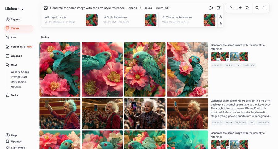 Midjourney
			 dashboard sidebar navigation artificial intelligence grid full-screen layout sidebar chat image gallery modern card layout ui page example