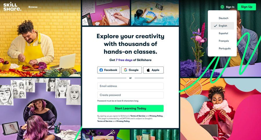 Skillshare
			dropdown & other states signup language settings form account creation free trial register modern ui page example