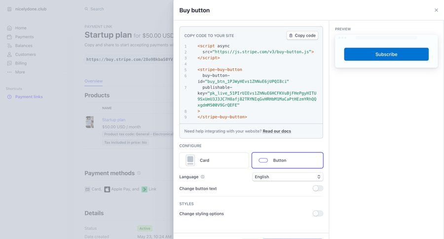 Stripe
			product page embed configuration e-commerce form finance save changes payment method buy credits modern code snippet ui page example