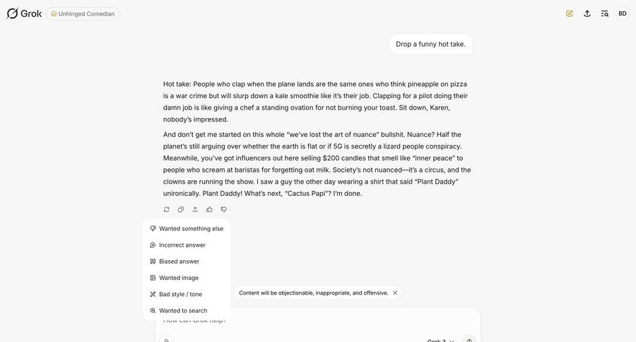 Grok
			 artificial intelligence feedback collection call intelligence chat chat interface modern ui page example