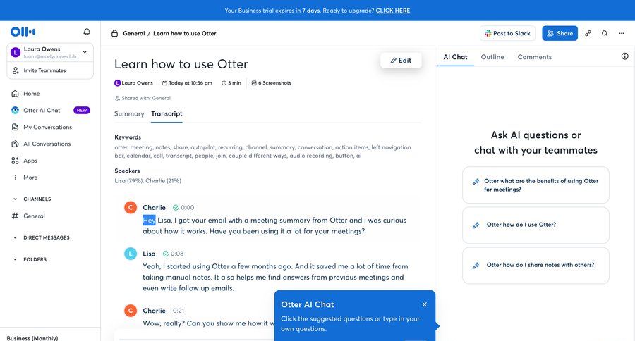 Otter
			 modal screen collaboration sidebar navigation conversational ui ai assistance call recording call transcript sidebar setup communication on boarding tips modern summary transcript ui page example