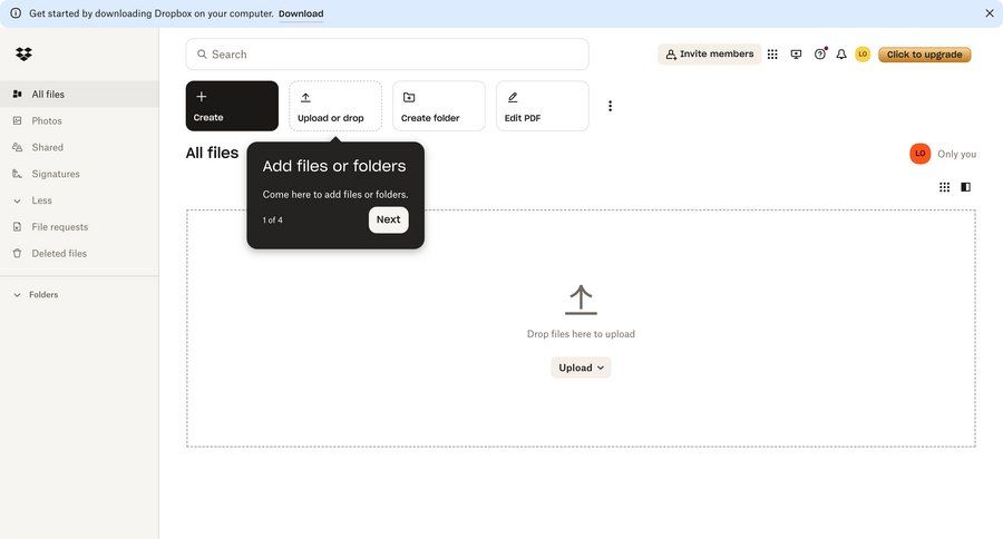 Dropbox
			 dashboard sidebar navigation account management onboarding file upload document management file management user account upload image onboarding modal file upload modal document list tutorial sidebar create file uploader upload file upload media upload documents progress guided tour progress bar modern file picker ui page example