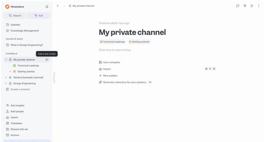 Slite
			 collaboration sidebar navigation document editing document management knowledge base document creation trial banner menu quick actions ui page example