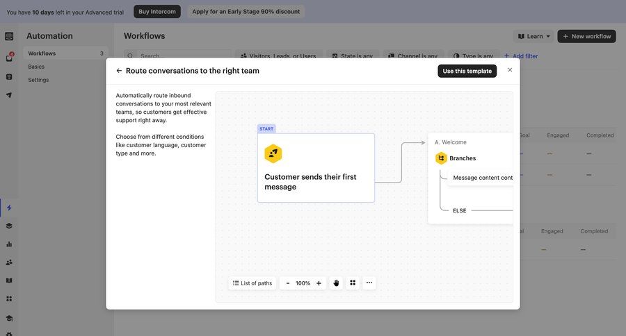Intercom
			 modal screen workflow automation template selection integration route map conversational ui page example
