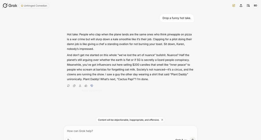 Grok
			content editor comments & reactions artificial intelligence editor feedback collection wysiwyg call intelligence message chat chat interface modern conversational comment mode ui page example