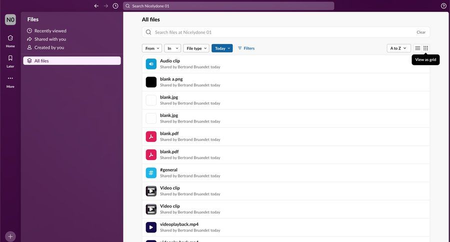 Slack
			list navigation filters collaboration sidebar navigation file management document sharing file list screen dropdown filters sidebar navigation menu navigation bar menu navigation links navigation buttons modern search bar data grid option menu search menu ui page example
