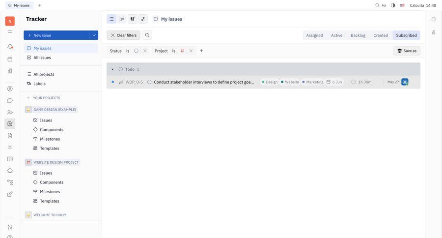 Huly
			 task management dashboard sidebar navigation project management grid project setup full-screen layout issue tracking sidebar menu project dashboard ui page example