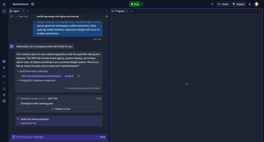 Replit
			 dashboard project management design progress indicator progress tracking message setup chat on boarding progress bar chat interface chatbot ui page example