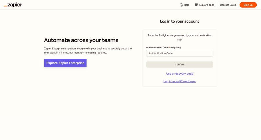 Zapier
			 form user authentication authentication full-screen layout login security mfa b2b saas ui page example