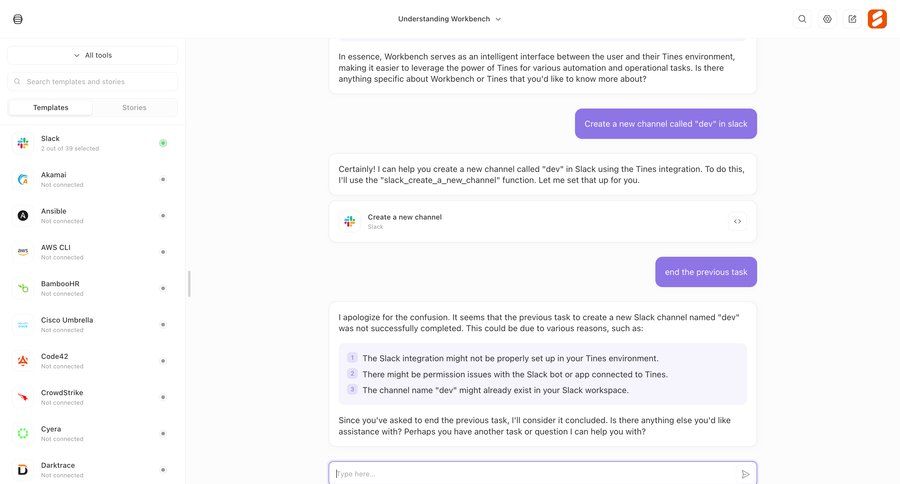 Tines
			 task management automation conversational ui dropdown filters task communication sidebar communication chat integration chat interface modern chatbot conversational ui page example