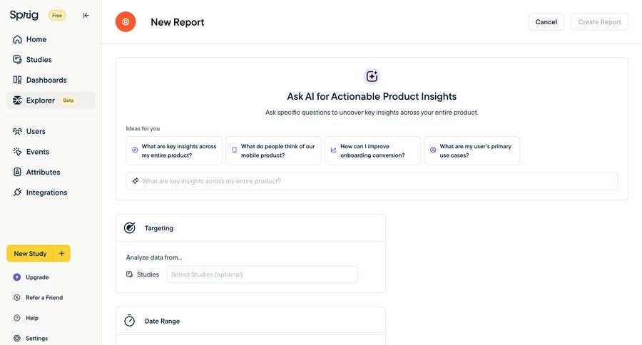 Sprig
			 sidebar navigation artificial intelligence form user research data analysis ai assistance data filtering dropdown filters sidebar insight new create generate ui page example