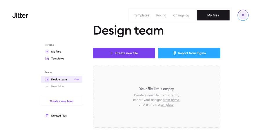 Jitter
			empty state team collection settings team collaboration dashboard sidebar navigation design file management file organization empty state illustration sidebar blank state void blank non-ideal state empty page prompt import file create navigation bar changelog ui page example