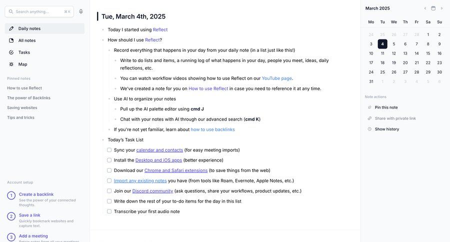 Reflect
			timeline task management sidebar navigation onboarding full-screen layout calendar management calendar screen note creation sidebar chrome extension timeline ui advanced search ui page example