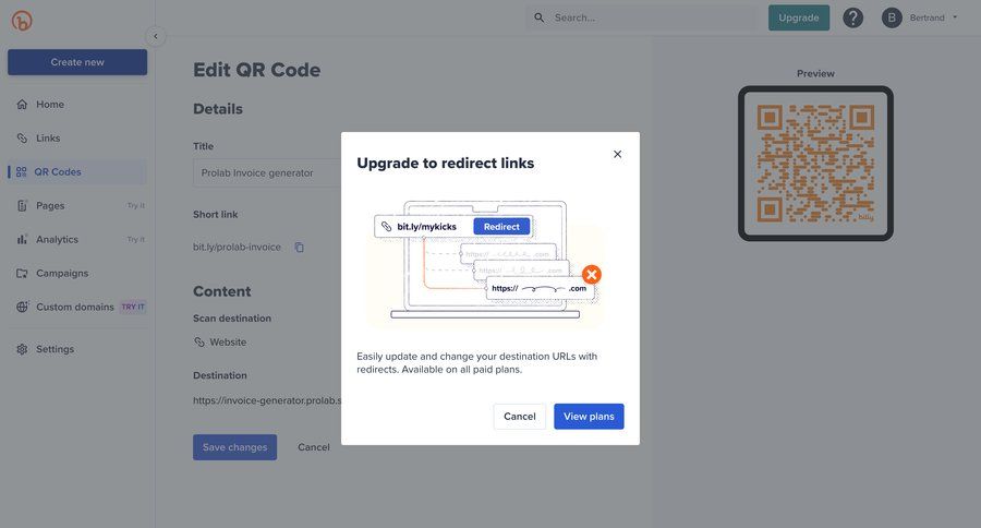 Bitly
			 modal screen account management form plan comparison upgrade modal sidebar pay paywall ui page example
