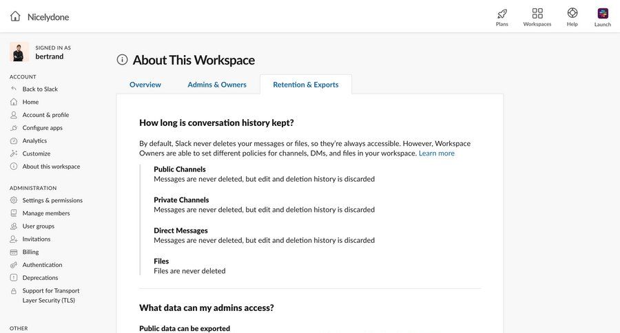 Slack
			 workspace settings data governance billing history ui page example
