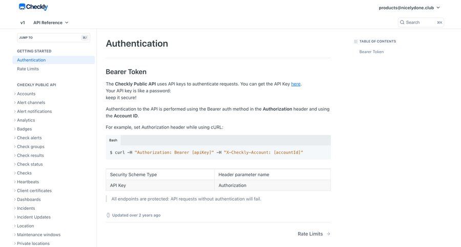 Checkly
			 sidebar navigation authentication getting started sidebar security doc documentation docs table code snippet api integration developer portal ui page example