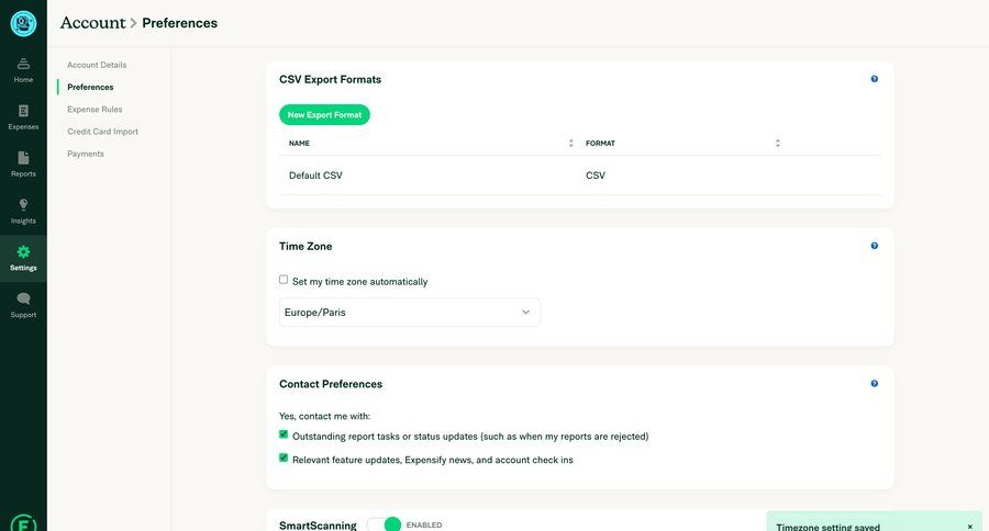 Expensify
			 settings sidebar navigation account management form account setup data export finance account settings preferences table timezone selector ui page example