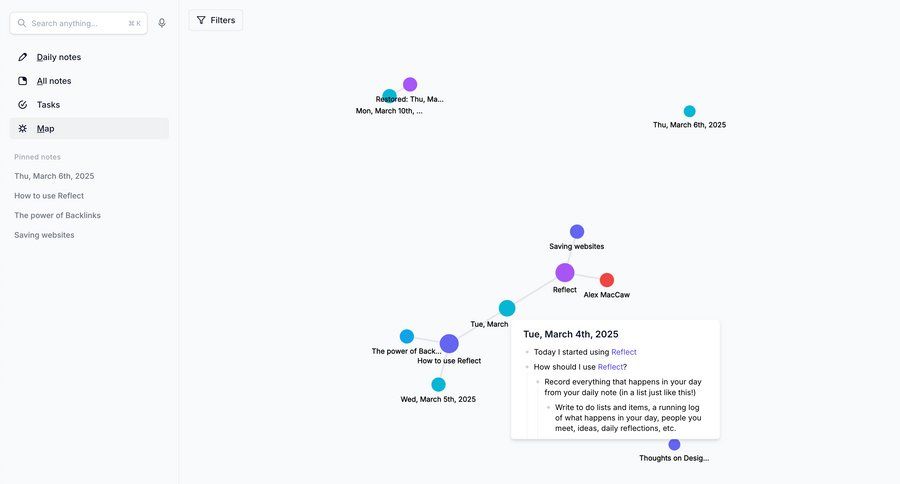 Reflect
			 dashboard sidebar navigation content hierarchy knowledge management sidebar research search bar map view ui page example