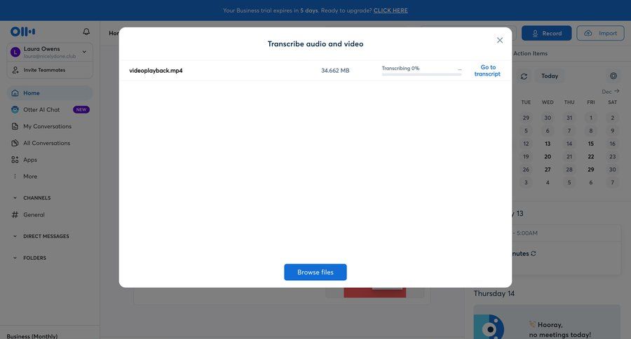 Otter
			 sidebar navigation progress indicator import data file upload file management wizard call transcript sidebar data import import file import tool import wizard upload file progress tips progress bar file picker voice meeting transcript ui page example