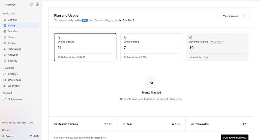 Dub
			 settings dashboard account management manage links payment method billing history sidebar progress bar modern ui page example