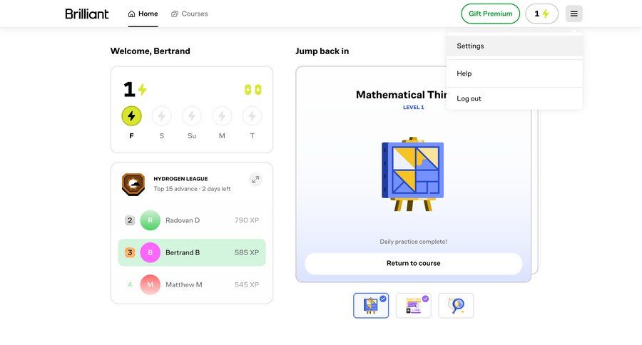Brillant
			 settings dashboard progress tracking menu ui page example