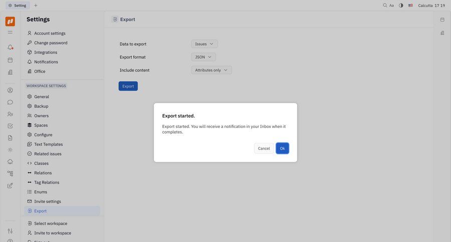 Huly
			 data export workspace settings system notification ui page example