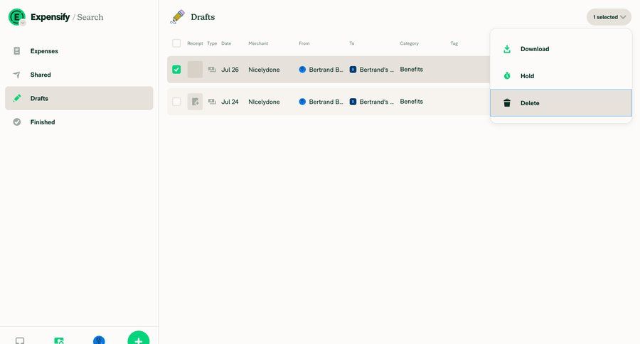 Expensify
			list popover delete finance expense management sidebar menu download table review ui page example