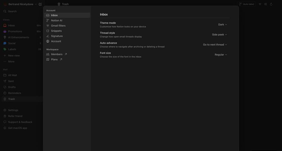 Notion Mail
			 configuration settings sidebar navigation automation customize email inbox preferences parameters menu ui page example