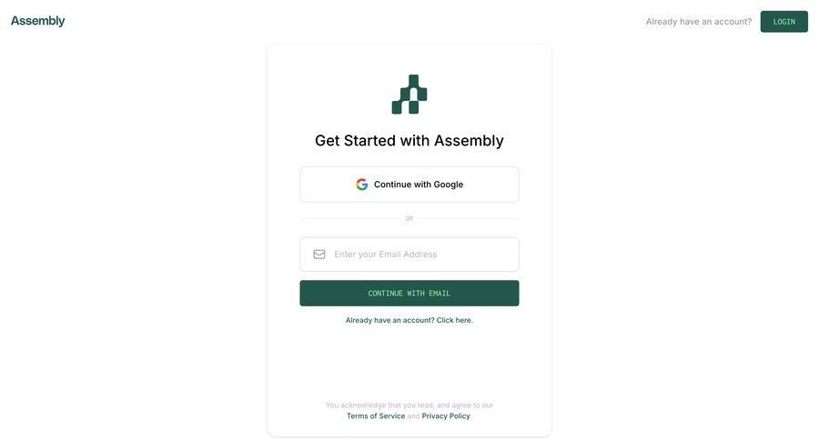 Assembly
			 account management onboarding form user authentication account creation authentication login auth signup create new account register ui page example