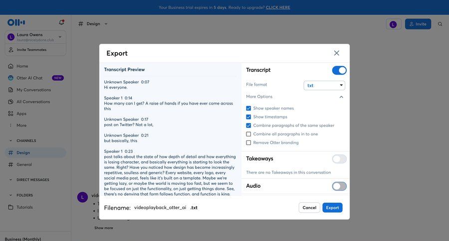 Otter
			 modal screen content management form export file management preview panel upgrade modal call transcript communication tips voice meeting transcript ui page example