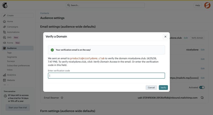 Mailchimp
			 configuration modal dialog data entry email verification security message ui page example
