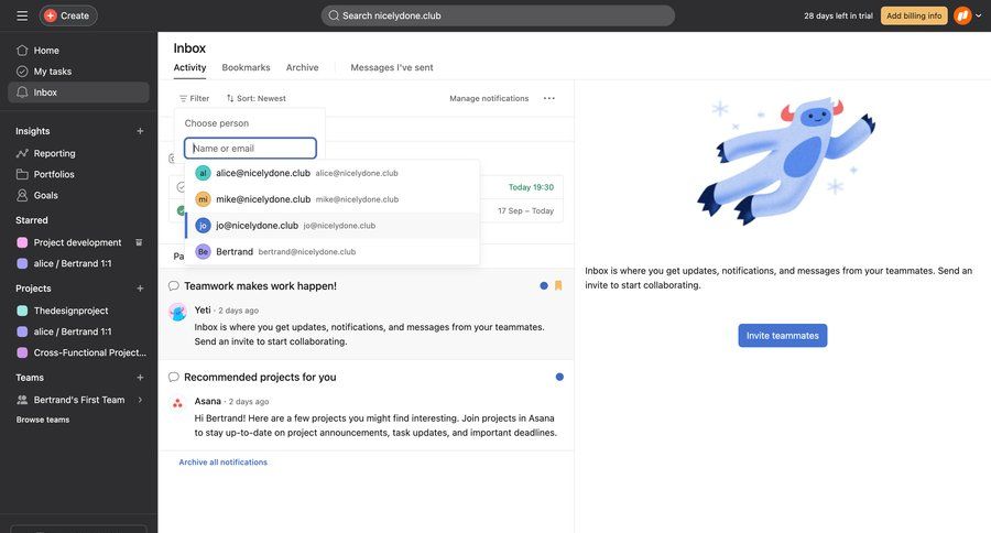Asana
			 collaboration team collaboration sidebar navigation project management trial banner inbox task communication sidebar alert message system notification push notification notification center communication messages menu autocomplete ui page example
