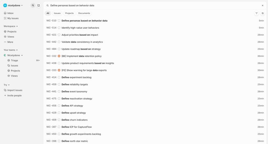 Linear
			 project management search results search filters global search ui page example