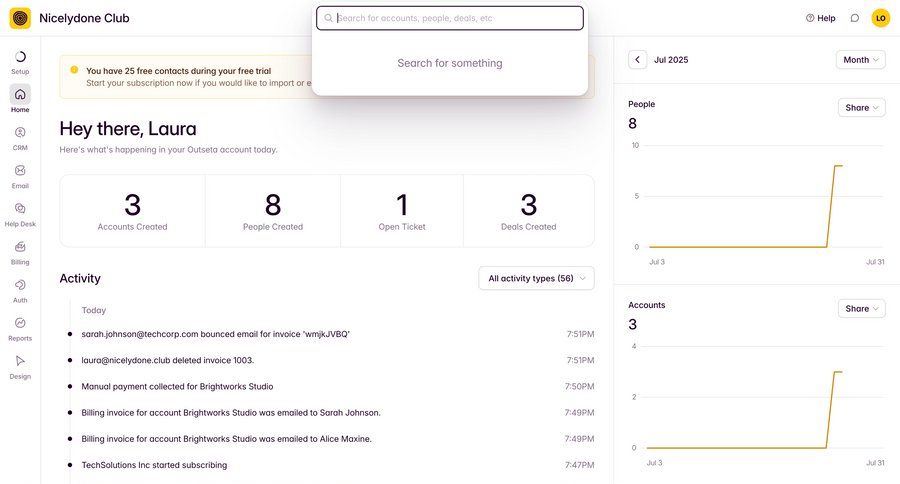 Outseta
			search modal & popover dashboard sidebar navigation onboarding activity tracking dropdown filters menu data visualization monitoring analytics sharing ui page example